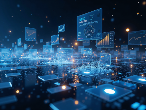 Modern computer screens displaying data visualization charts, algorithmic interfaces, and digital dashboards representing artificial intelligence technology