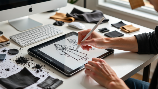 Digital design interface showing customized clothing items with unique patterns and styles generated based on personal preferences and body measurements